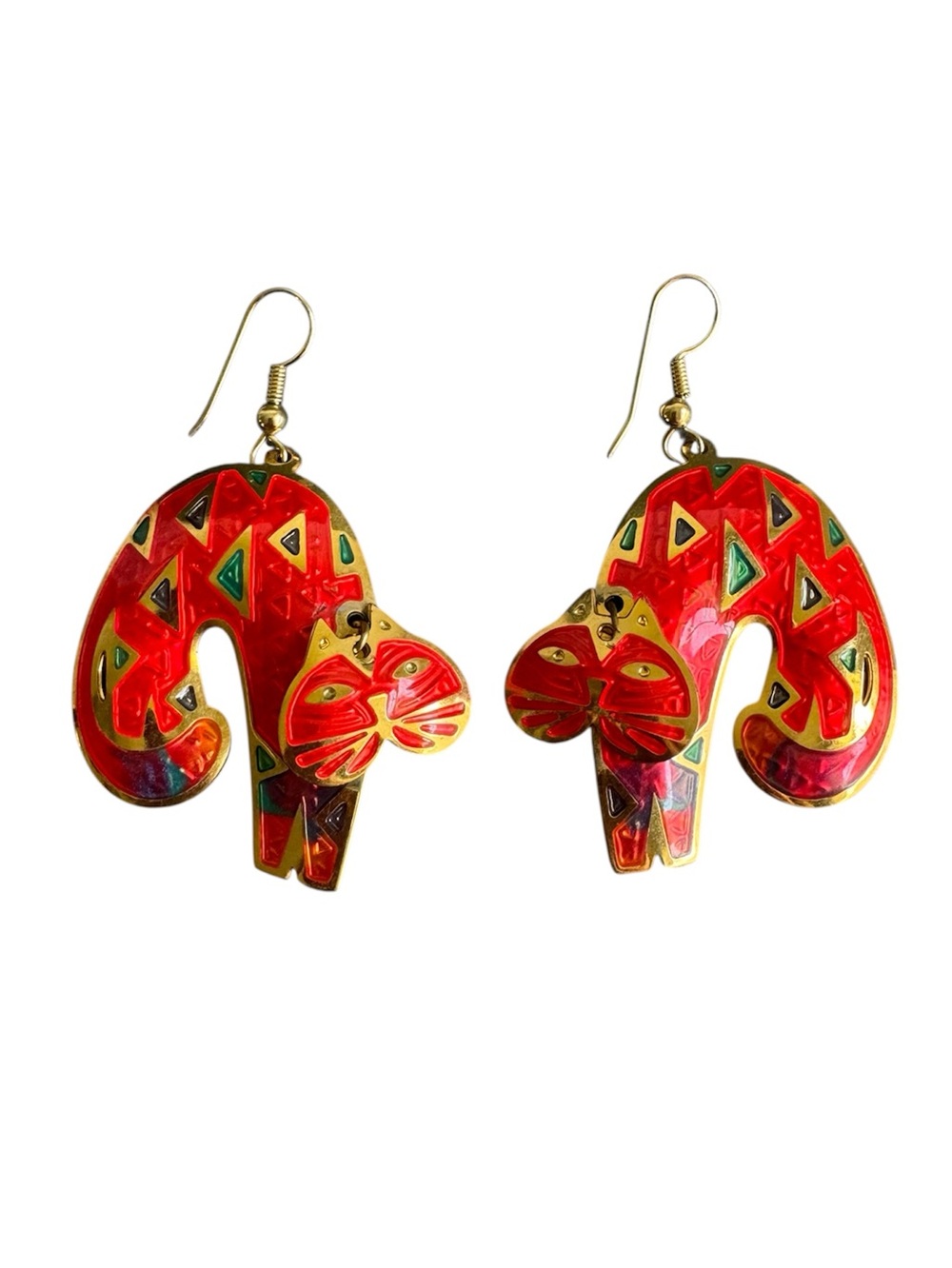 Vintage Cheshire Cat‎ Earrings Orange Enamel Kitty Dangle Berebi Gold Tone 80s